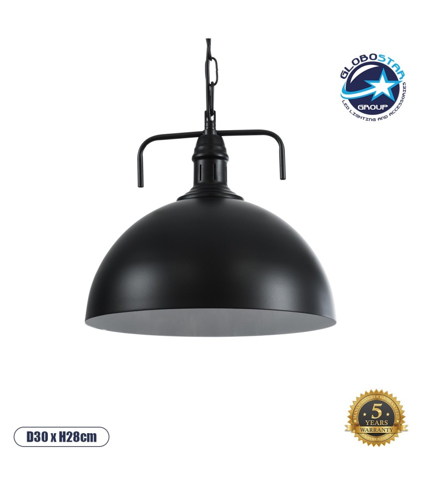 GLOBOSTAR® LARKIN 01175 Vintage Κρεμαστό Φωτιστικό Οροφής με Ντουί 1 x E27 AC 220-240V IP20 - Μαύρο - Μ30 x Π30 x Y28cm